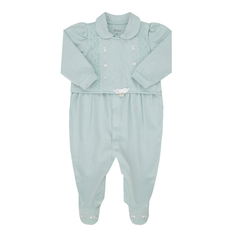 Macacão Longo Bebê Feminino com Pala Bordada, Renda e Lacinho Personalizado Paraíso - Image 5
