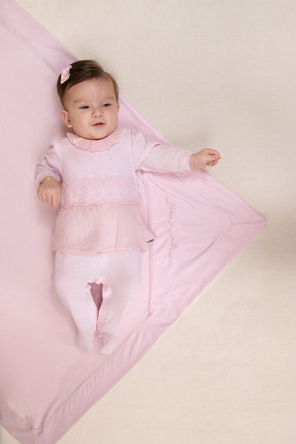 Macacão Longo Bebê Feminino Peplum com Pala Bordada e Babado em Chiffon Paraíso
