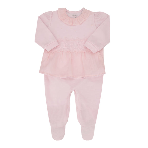 Macacão Longo Bebê Feminino Peplum com Pala Bordada e Babado em Chiffon Paraíso