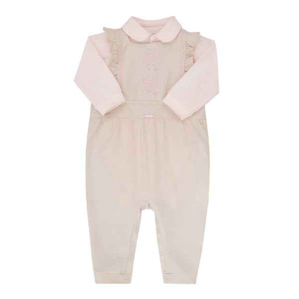 Conjunto Jardineira Bebê Feminino com Bordado Exclusivo e Body Manga Longa Paraíso