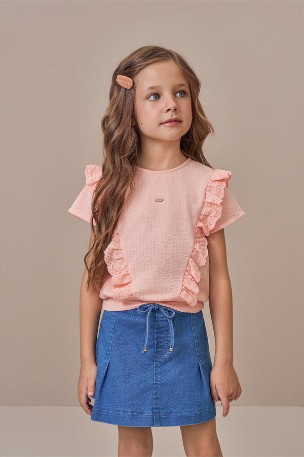 Conjunto Feminino Blusa com Babados e Saia Jeans Paraiso