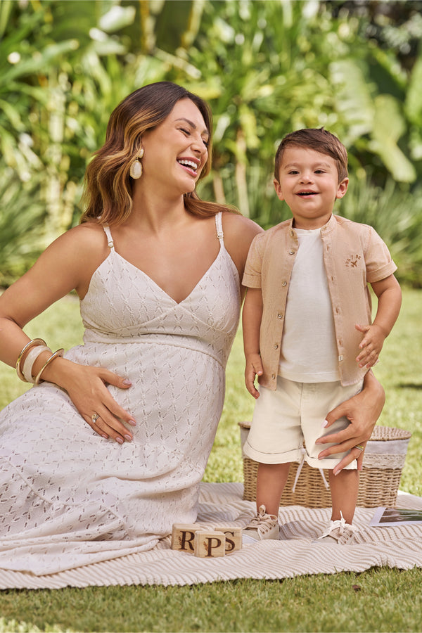 Conjunto Masculino Camisa Gola Padre com Shorts em Linho Paraiso + Yasmin Castilho