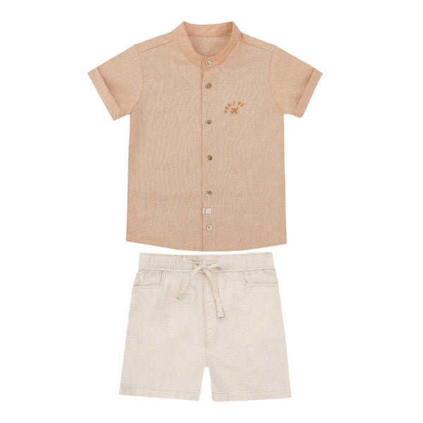 Conjunto Masculino Camisa Gola Padre com Shorts em Linho Paraiso + Yasmin Castilho