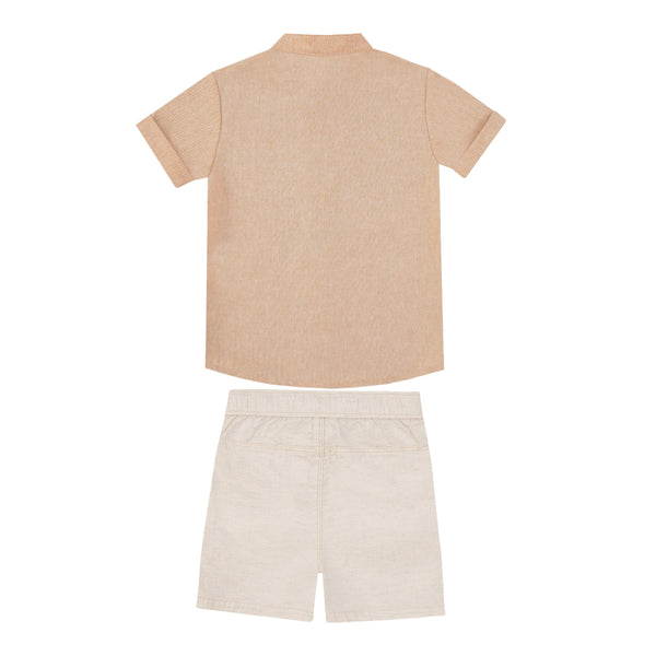 Conjunto Masculino Camisa Gola Padre com Shorts em Linho Paraiso + Yasmin Castilho