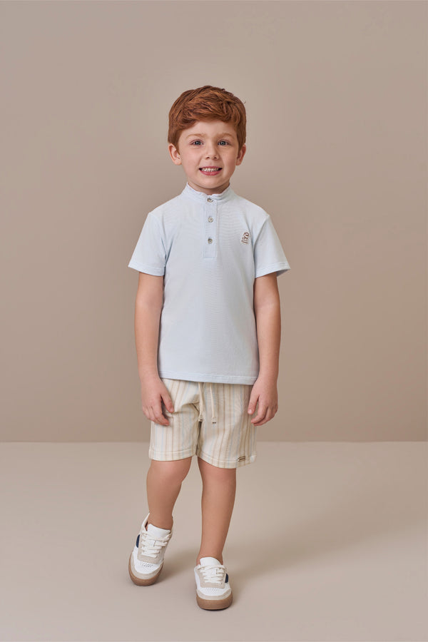 Conjunto Masculino Camisa Gola Padre com Shorts Listrado Paraiso