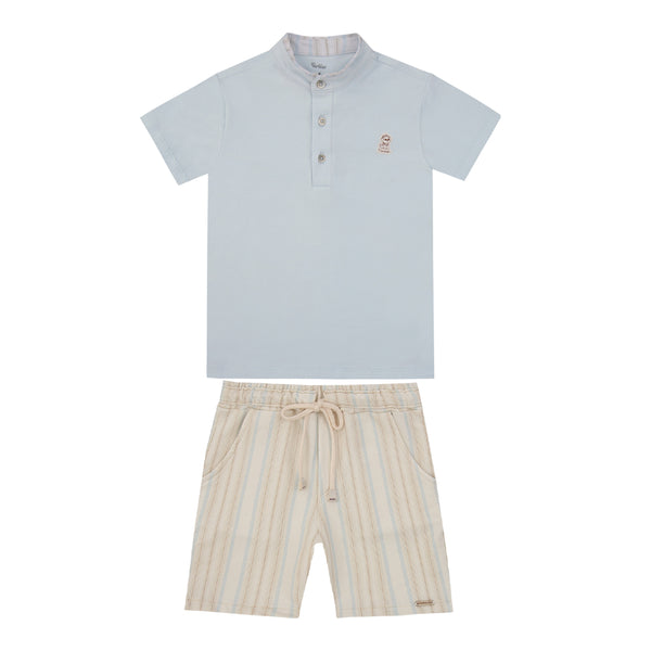 Conjunto Masculino Camisa Gola Padre com Shorts Listrado Paraiso