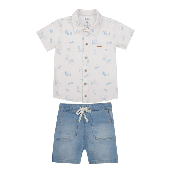 Conjunto Masculino Camisa Estampada com Shorts Jeans Paraiso