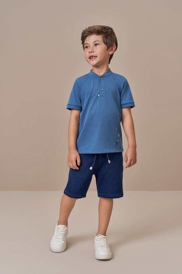 Conjunto Masculino Camiseta Bordado Peixinho com Shorts Jeans Paraiso