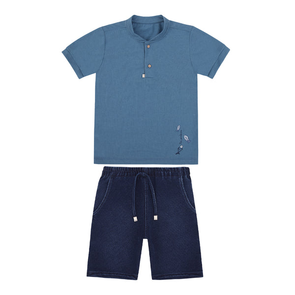 Conjunto Masculino Camiseta Bordado Peixinho com Shorts Jeans Paraiso
