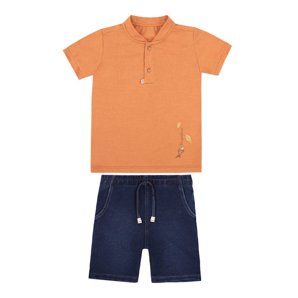Conjunto Masculino Camiseta Bordado Peixinho com Shorts Jeans Paraiso