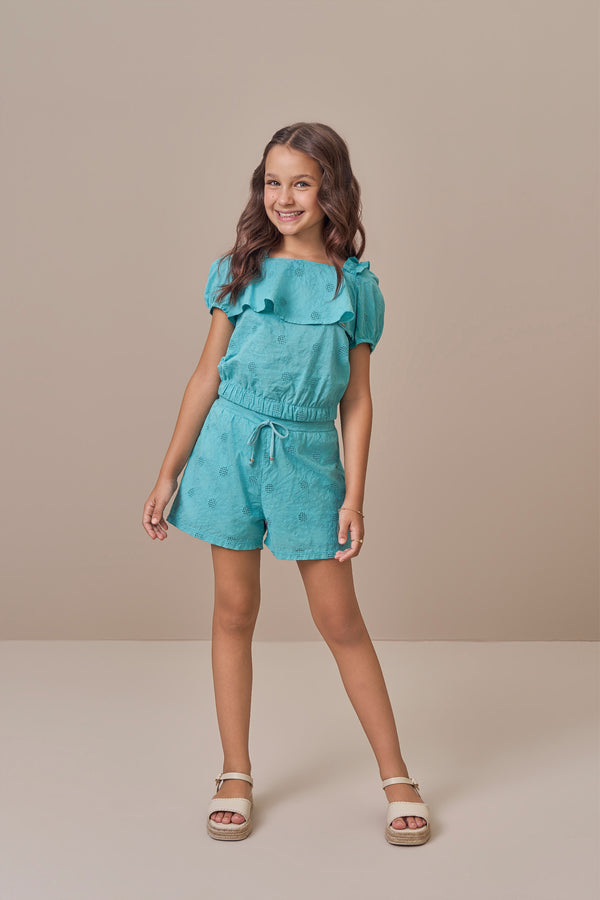 Conjunto Feminino Blusa em Laise Floral com Shorts Paraiso