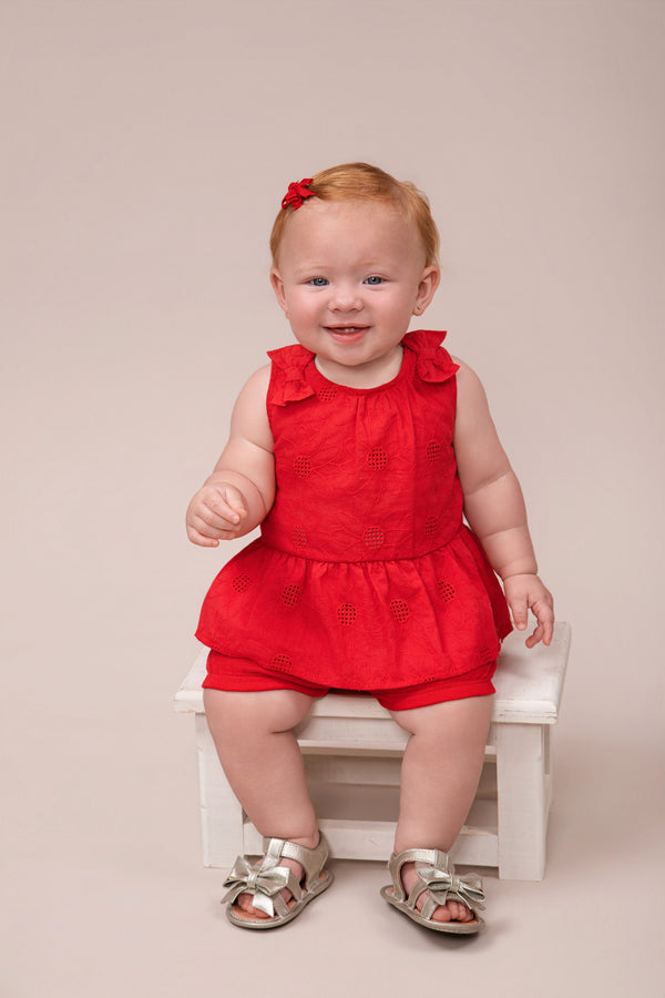 Conjunto Bebê Feminino Bata em Laise com Laços Aplicados e Shorts em Malha Conforto Paraiso