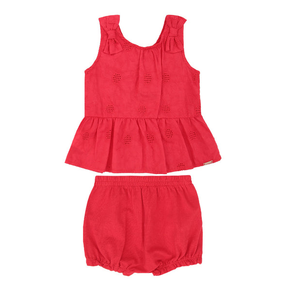 Conjunto Bebê Feminino Bata em Laise com Laços Aplicados e Shorts em Malha Conforto Paraiso