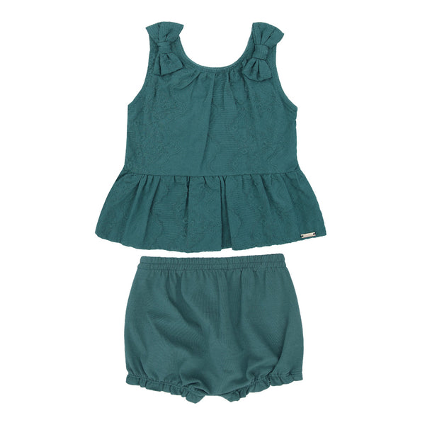 Conjunto Bebê Feminino Bata em Laise com Laços Aplicados e Shorts em Malha Conforto Paraiso