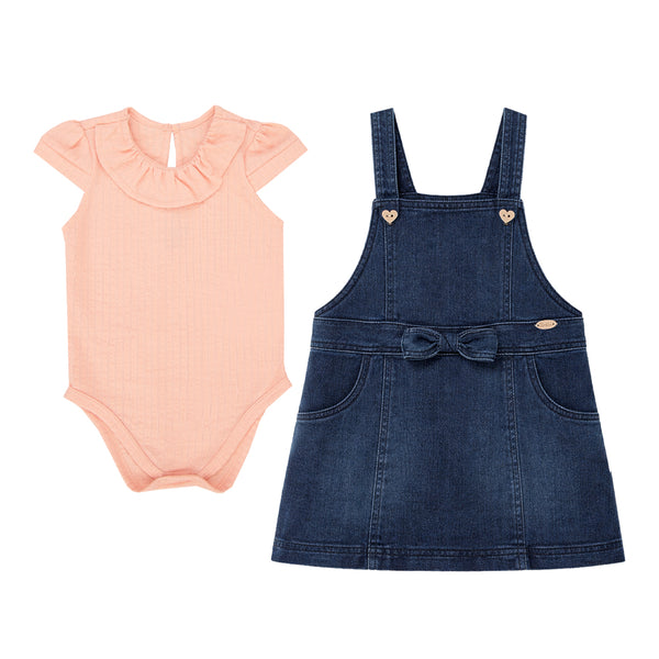 Conjunto Bebê Feminino Body em Malha Trabalhada com Salopete Jeans, Alças Reguláveis e Laço Aplicado Paraiso