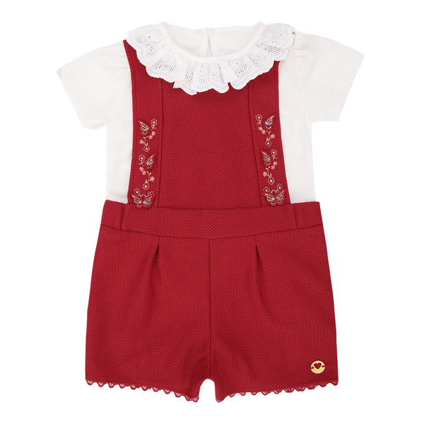 Conjunto Bebê Feminino Blusa em Malha Canelada com Jardineira em Malha Trabalhada e Alças Ajustáveis Paraiso