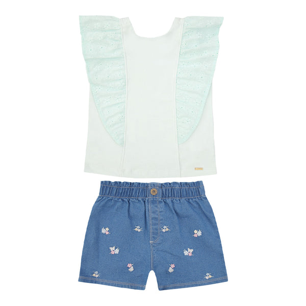 Conjunto Blusa Regata em Malha Conforto com Babado Franzido e Shorts Jeans Maleável Bordado Paraiso