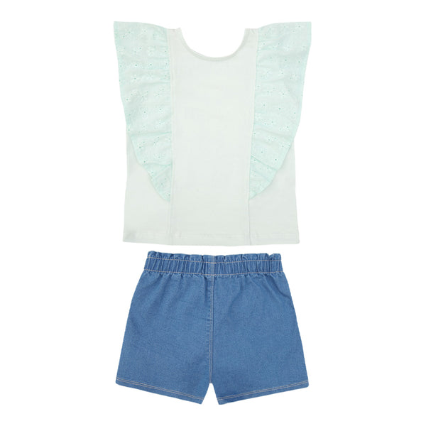 Conjunto Blusa Regata em Malha Conforto com Babado Franzido e Shorts Jeans Maleável Bordado Paraiso