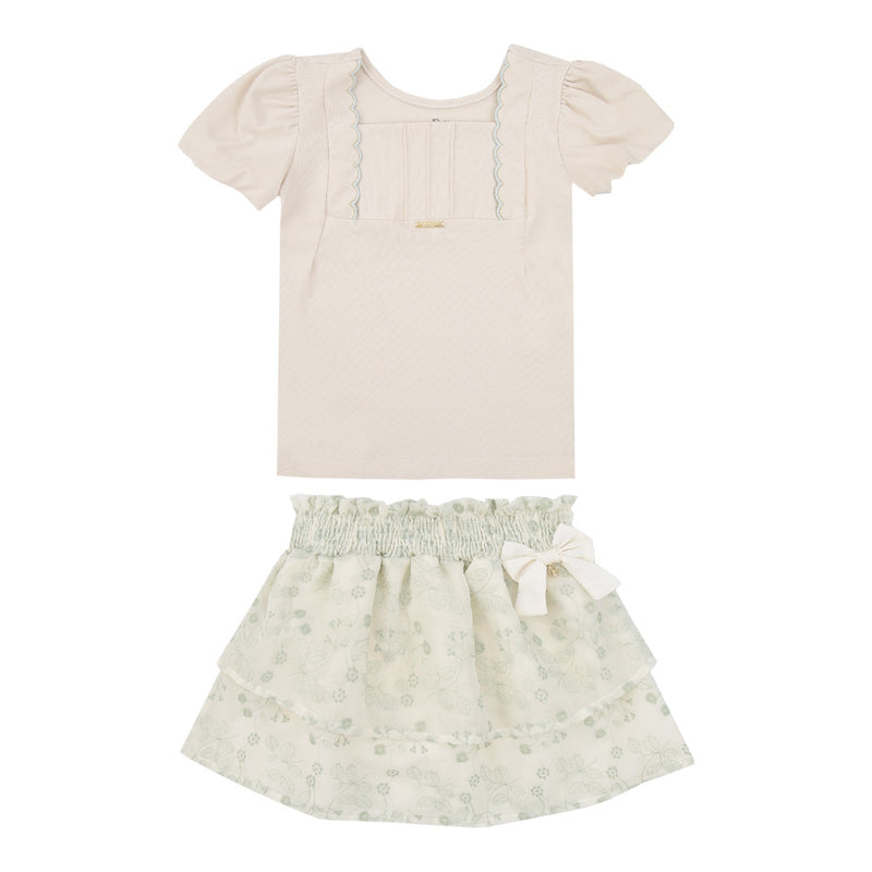 Conjunto Blusa em Malha Conforto com Mangas Bufantes e Saia em Voil Bordado com Shorts Interno Paraiso - Image 5