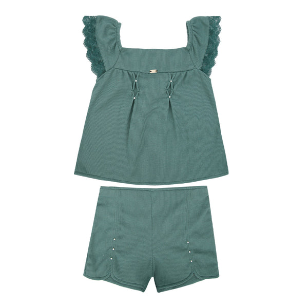 Conjunto Feminino Blusa com Pregas e Pérolas Aplicadas + Shorts Paraiso