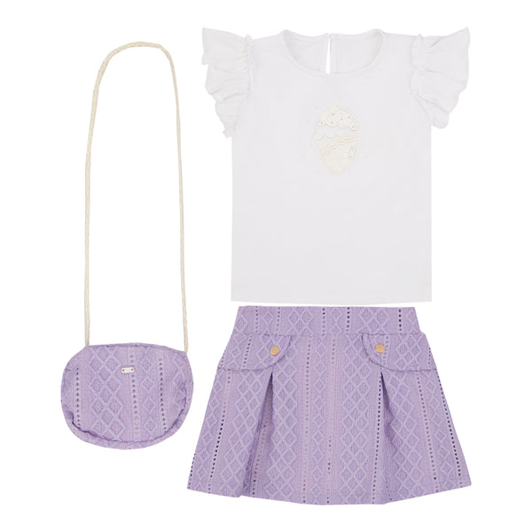 Conjunto Blusa Bordada com Saia Matelassê e Bolsinha Paraiso