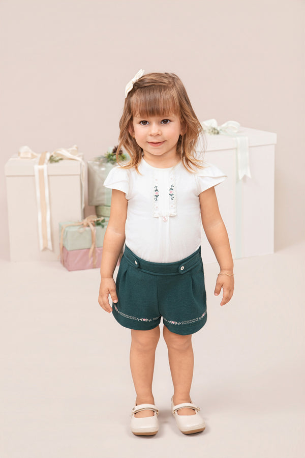 Conjunto Infantil Feminino Blusa Manga Tulipa com Shorts Bordado Exclusivo e Martingale Paraiso