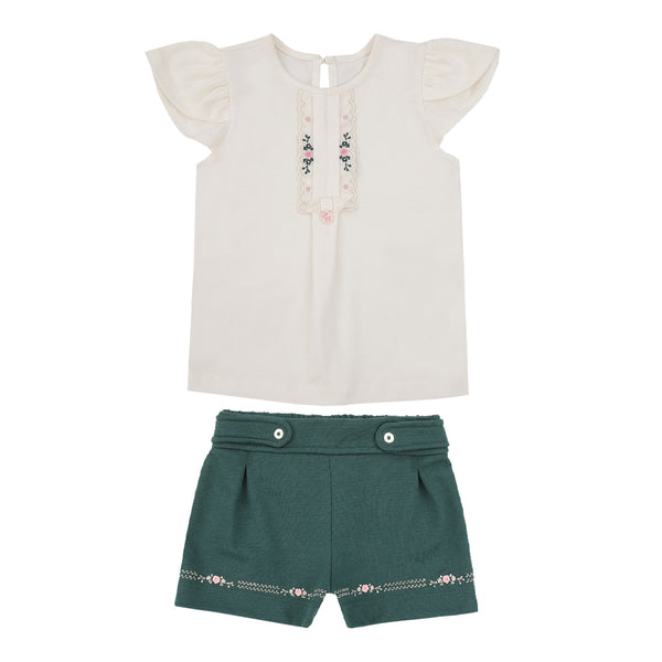Conjunto Infantil Feminino Blusa Manga Tulipa com Shorts Bordado Exclusivo e Martingale Paraiso