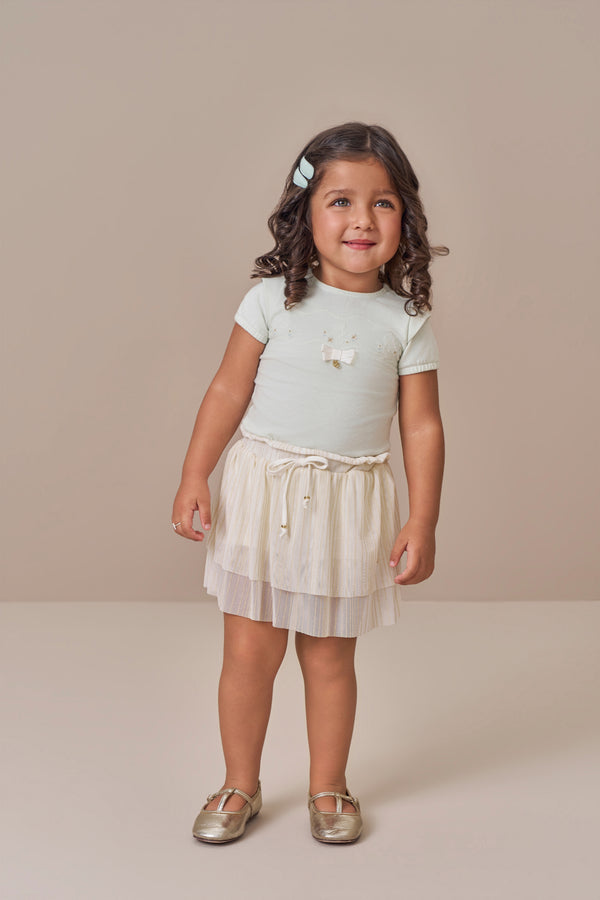Conjunto Feminino Blusa Bordada com Saia em Tule e Shorts Interno Paraiso