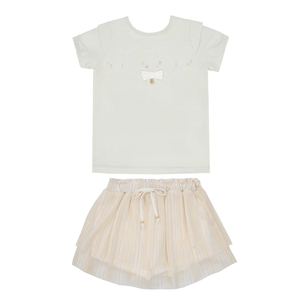 Conjunto Feminino Blusa Bordada com Saia em Tule e Shorts Interno Paraiso