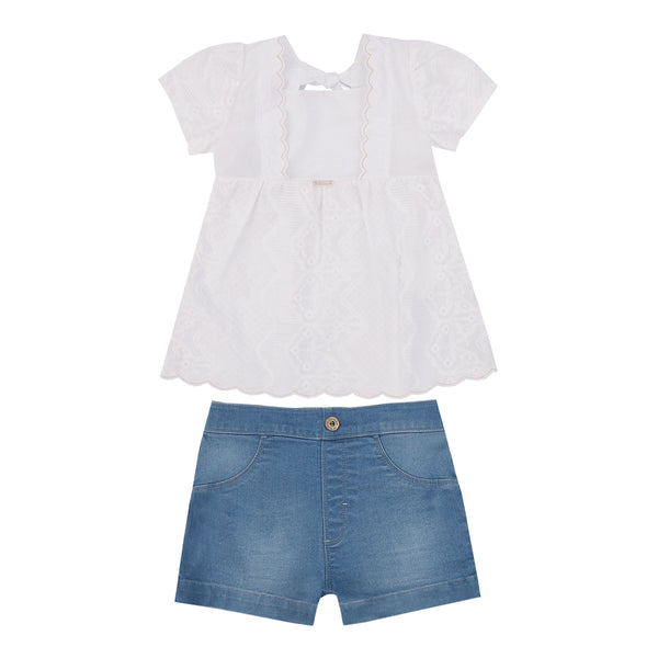 Conjunto Feminino Bata em Lese com Shorts Jeans Maleável Paraiso