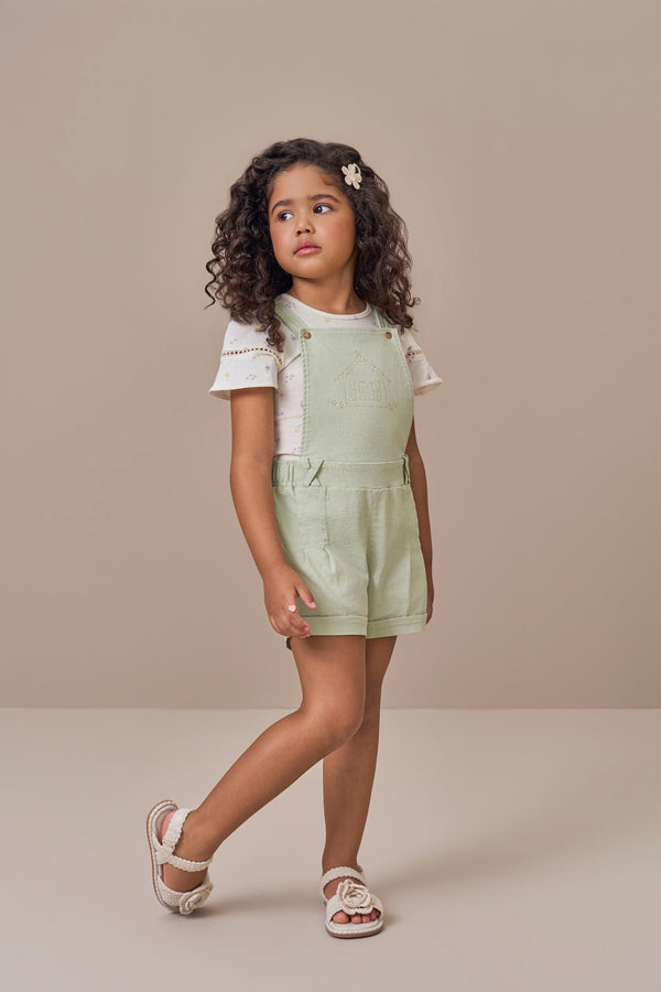 Conjunto Feminino Infantil com Blusa Estampada e Jardineira em Bengaline Paraiso