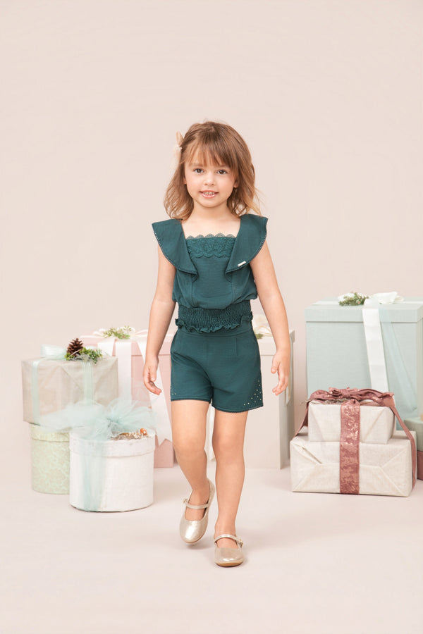Conjunto Feminino Blusa com Babado Godê e Shorts com Strass Paraiso