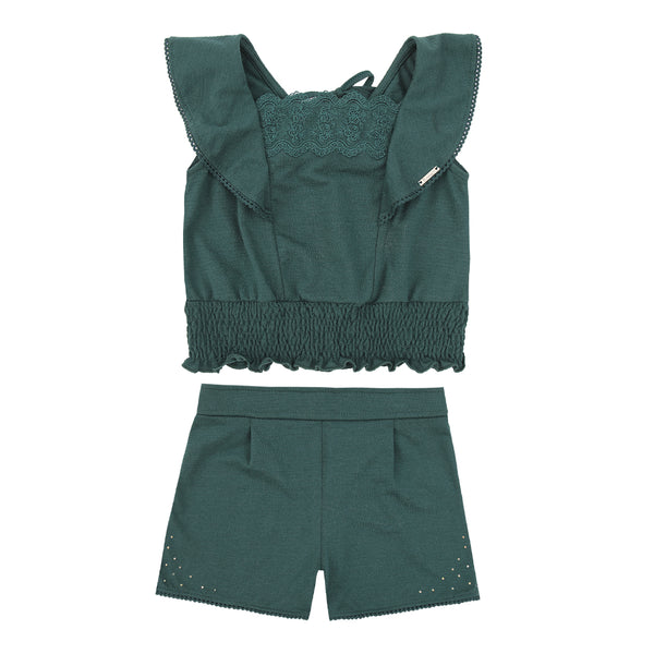 Conjunto Feminino Blusa com Babado Godê e Shorts com Strass Paraiso