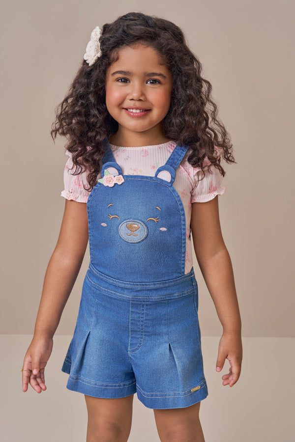 Conjunto Feminino Blusa Floral com Jardineira Jeans Bordada Urso Paraiso