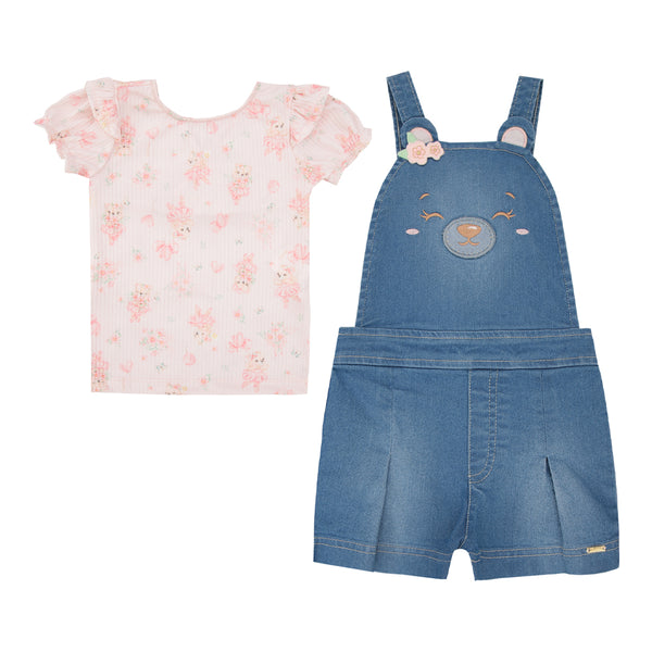 Conjunto Feminino Blusa Floral com Jardineira Jeans Bordada Urso Paraiso