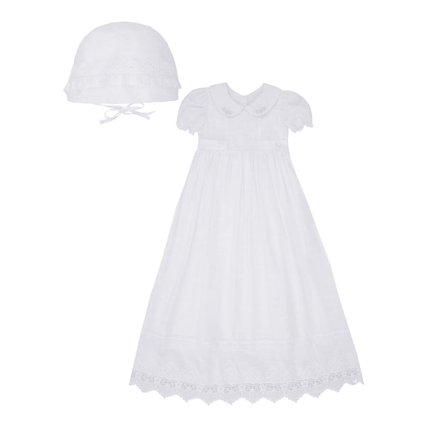 Mandrião de Batismo Branco Longo com Chapéu e Acabamento em Renda