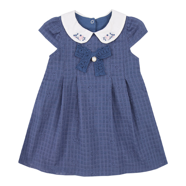 Vestido em Voil Quadriculado Floral com Gola Bordada Paraiso