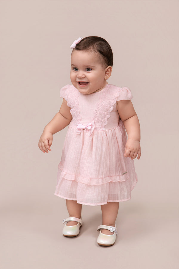 Vestido Bebê Cerimônia Chiffon com Renda Laço na Cintura e Babado