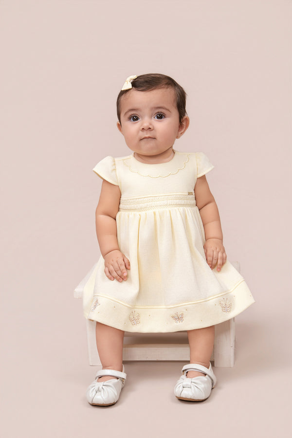 Vestido Bebê Festa Malha Quadriculada Bordado Borboleta Manga Copinho