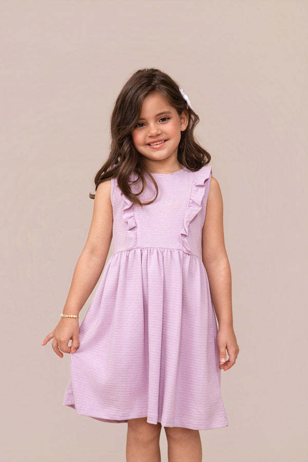 Vestido Infantil Malha Trabalhada Franzido com Babados e Strass