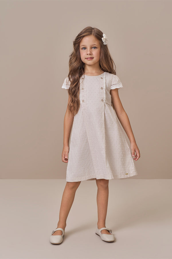 Vestido Infantil Cerimônia Jacquard Lurex Bege com Laço nas Costas