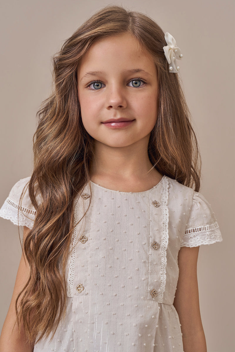 Vestido Infantil Cerimônia Jacquard Lurex Bege com Laço nas Costas - Image 2