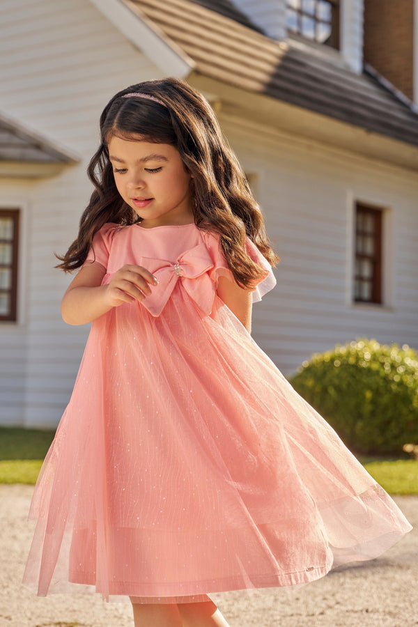 Vestido Infantil Cerimônia Tule com Brilho Laço no Peito e Manga Franzida