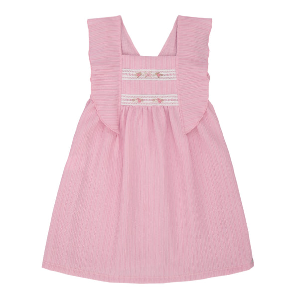 Vestido Infantil Malha Trabalhada com Bordado no Peitinho e Manga de Babado