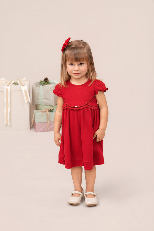 Vestido Infantil Festa com Pala Sobreposta Bordado Vazado e Manga Embabadada