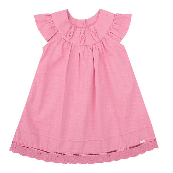 Vestido Infantil Tecido Plano com Viés Trançado, Pérola e Manga Franzida
