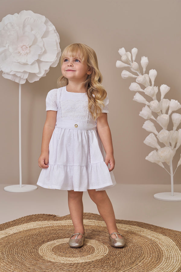 Vestido Infantil Cerimônia Tecido Plano com Entremeio Vazado, Renda e Cinto