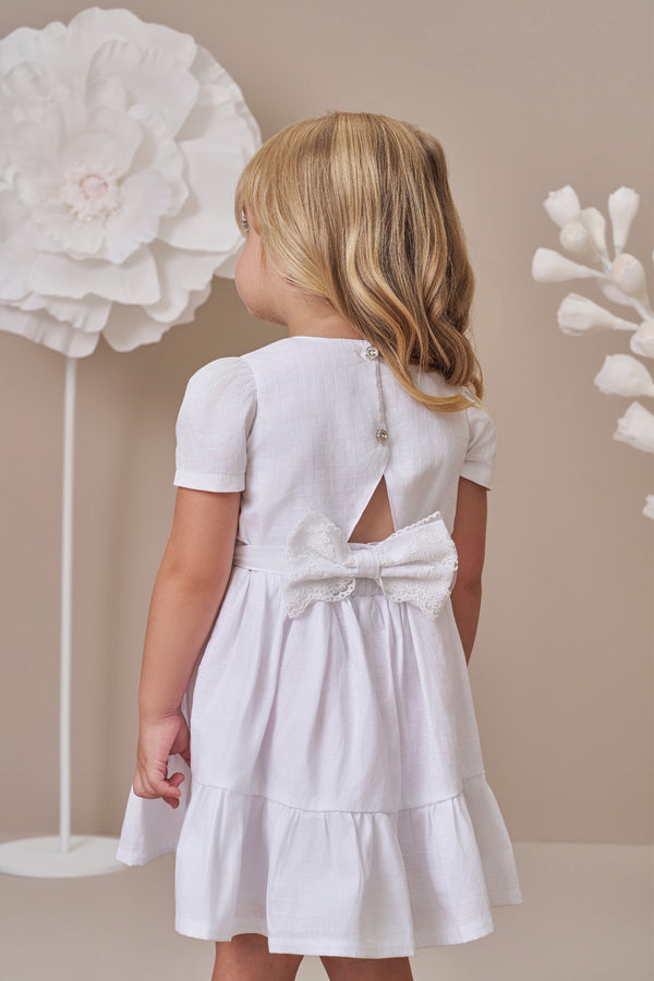 Vestido Infantil Cerimônia Tecido Plano com Entremeio Vazado, Renda e Cinto
