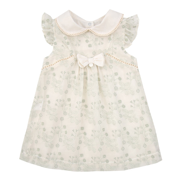 Vestido Infantil Tecido Plano Bordado com Manga Embabada e Aviamento Vazado