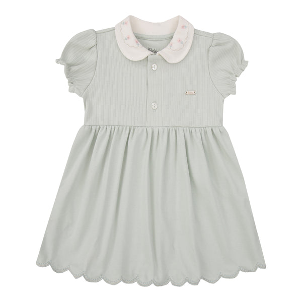 Vestido Bebê Suedine com Gola Bordada Floral, Manga Franzida e Saia Rodada